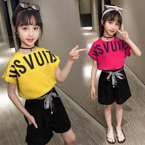 Girls clothing set 4-14T kids summer cotton t shirt+shorts children casual short sleeve shirt baby girls letter loose clothes