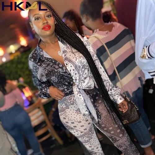Sexy Two Piece Set Women Printed Mesh Leggings Satin Blouses Clubwear Pant Suits Womens Matching Set