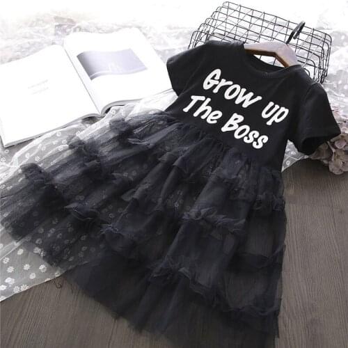 Summer 2-9 Ages Baby Girl Black White Letter Birthday Dresses Kids Stitching Mesh Princess Children Wedding Party Gowns Dress