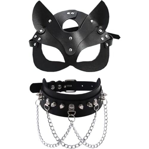Hot style personality exaggerated leather collar collar band punk nightclub street metal chain neck wear and mask