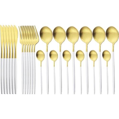 24/48Pcs White Gold Matte Dinnerware Set Stainless Steel Knife Fork Spoon Silverware Cutlery Set Kitchen Flatware Tableware Set