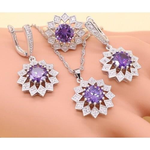 Silver colorFlower Shape Purple Zircon Crystal White Bridal Jewelry Sets For Women Necklace Pendant Earrings Rings Bracelets
