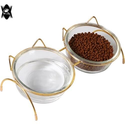 NEW Cat Feeding Bowl Glass Dog Bowl Oblique Mouth Protecting Cervical Spine Drinking Water Double Bowl Easy-to-clean