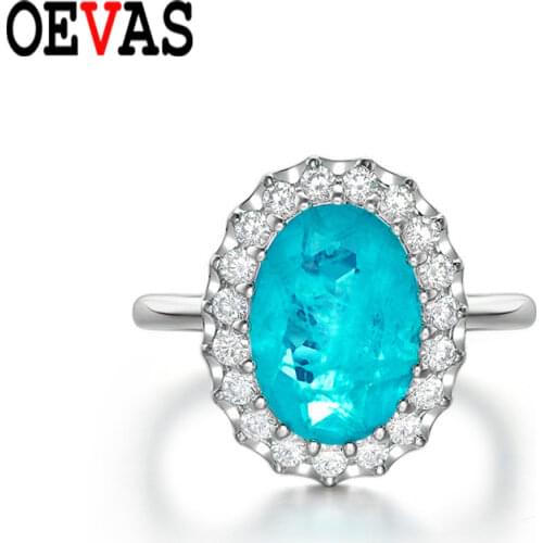 OEVAS 100% 925 Sterling Silver 8*10mm Oval Synthetic Paraiba Tourmaline Rings Women Sparkling High Carbon Diamond Fine Jewelry