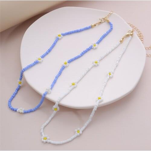 1PC Bohemian Blue Bead White Flower Choker Necklace Collar Clavicle Chain Short Necklace For Women Jewelry Accessories Decor