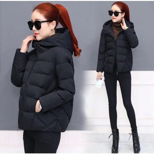 2019 new big size, cute, loose, thin cap, solid color cotton coat, short coat, cotton suit girl down jacket woman hooded