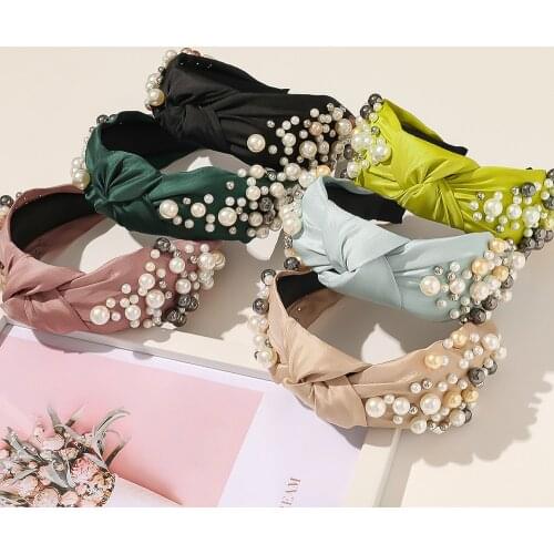 Baroque Satin Knot Hairband Pearl Metal Beads Headband for Women Girls Hair Accessories