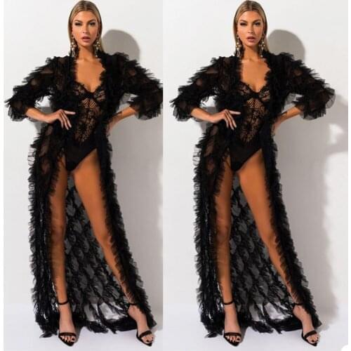 Sexy Black Night Robe Long Sleeves Ruffle Party Sleepwear Custom Made Floor Length Nightgowns Robes