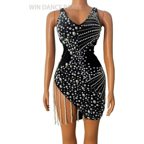 Silver Rhinestones Fringe Pearl Black Big stones Sleevelss Women Dance Show Dress Bar Birthday Party Celebrate Outfit Dress