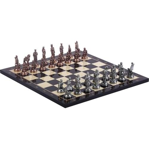 Historical Antique Copper Troy Figures Metal Chess Set,Handmade Pieces and Walnut Patterned Wood Chess Board King 7 cm