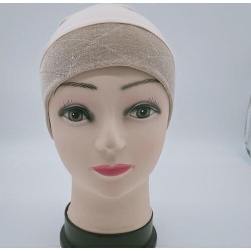 Beige color wig grip cap with velvet headband around for cancel patients comfortable and elastic caps