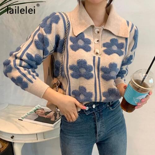 Turn-down Collar Knitted Button Sweater Crop 3d Flower Pullovers Fashion Sweet Top Autumn Winter Panelled Women Sweaters Chic
