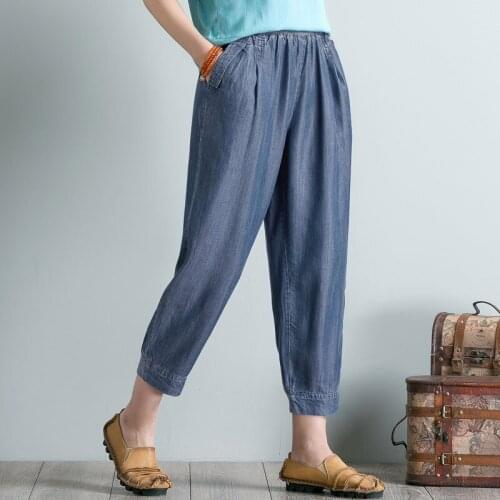 2019 Summer Autumn New Womens Pants Tiansi Jeans Nine Points Harem Pants Large Size Loose Elastic Waist Casual Denim Pants M202