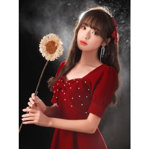 Women Square Neck Beading Prom Dresses Bride Toast Clothing Burgundy Elegant A Line Evening Formal Gown