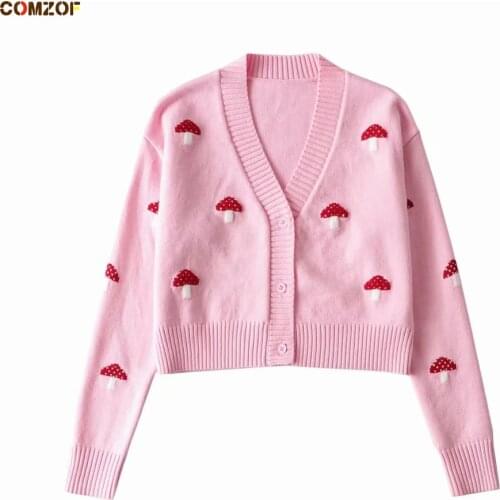 Women Cute Cardigan Long Sleeve V-Neck Mushroom Embroidery Knitted Cardigans 2021 Autumn Sweaters Coats Casaco Feminino