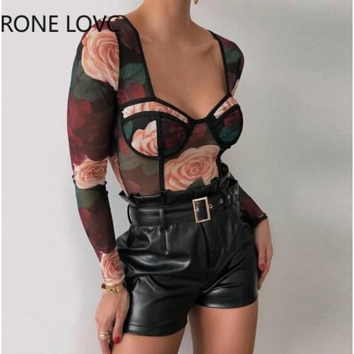 Women Floral Print Long Sleeve Skinny Bodysuit Spring Tops and Blouses