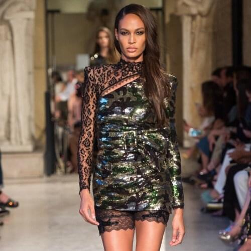 Special Embroidery Lace Camo Sequin Dress For Women Mock Neck Long Sleeve Cut Out Irregular Hem Bodycon Mini Party Femme Dress