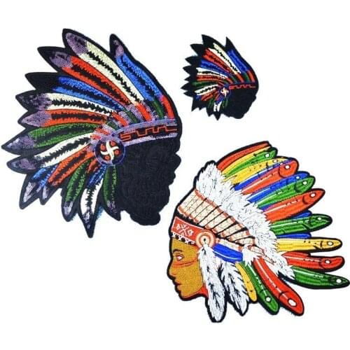 Punk Style Badges Oversized Rainbow Indian Head Feather Embroidery Patches with Adhesive DIY Sewing Garment Appliques
