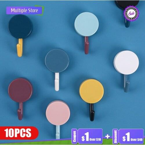 10pcs Minimalist Solid Color Hook Set Free Punching Door Without Trace Nail Small Clothes Hook Mounted Key Holder Wall Hook