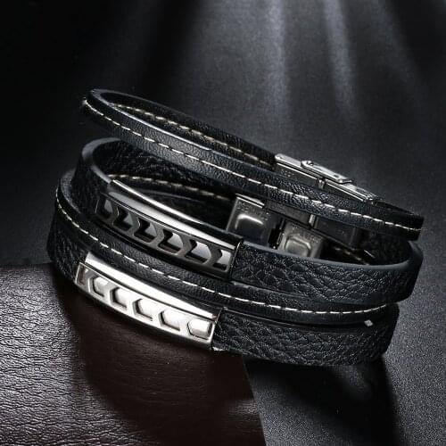 2021 Fashion Jewelry Vintage Stainless Steel Leather Bracelet Simple Double Cuff Bracelet for Mens and Womens Accessories