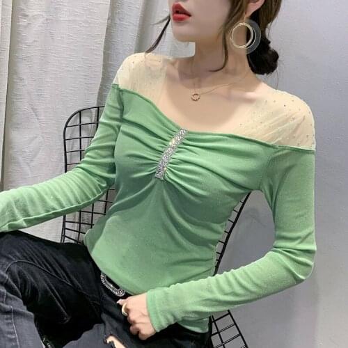 2021 Autumn Women T-Shirt Fashion Sexy Long Sleeved Hot Drilling Mesh Tops Elegant Slim Green Blusas Clothing
