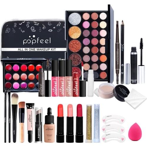 27pcs/Set All In One Makeup Kit Eyeshadow LiGloss Lipstick Brushes Eyebrow Concealer Beauty Cosmetic Bag