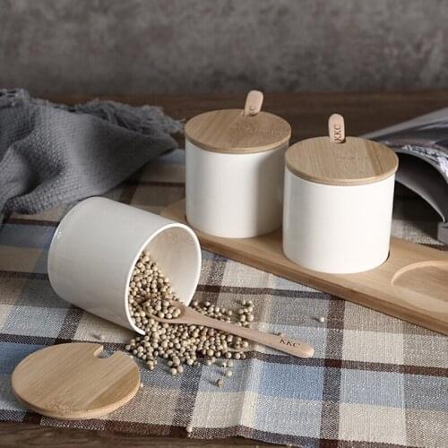 3 Pcs Seasoning Container Spice Jar Glass Sugar & Salt Storage Jar Containers with Wood Lids & Spoon Kitchen Supplies
