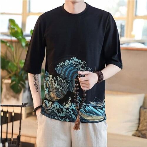 Sea Wave Print Oversized Men T-Shirt O-Neck Summer Japanese Chinese Style Male T-Shirts Fashion Loose Short Sleeve T-Shirt 30132