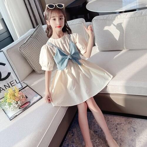 Girls Cotton Dress Sweet Kids Summer Party Dress Puff Sleeve Fake Two Piece Teen Girls Dress Elegant Casual Clothing 4-13Yrs