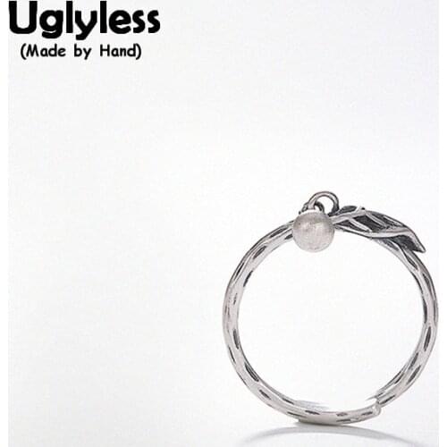 Uglyless 100% Real Solid 925 Sterling Silver Ball Dangle Rings for Women Handmade Thai Silver Leaf Open Ring Simple Fine Jewel