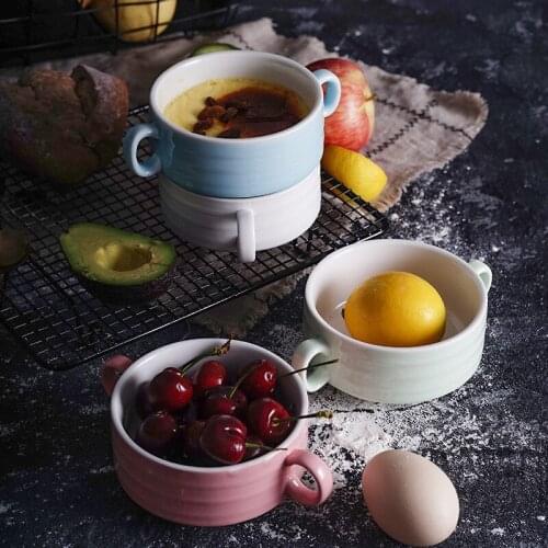 Korean Binaural soup bowl ceramic soup cup dessert bowl creative Japanese baking bowl soup baking bowl pudding bowl platos