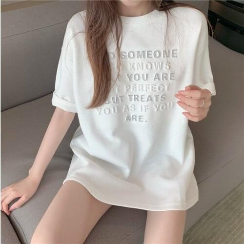 Summer Loose Harajuku Womens T-shirt Plain Top 3D Letter Patchwork Short Sleeve Pullover Charming Personality Streetwear S-2XL