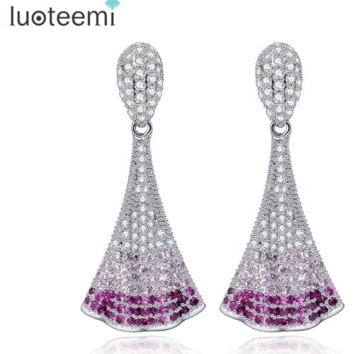 LUOTEEMI New Vintage Clear and Red Pink Gradient CZ Crystal Trendy Drop Earrings for Women Brincos Sector Wedding Dangle Jewelry