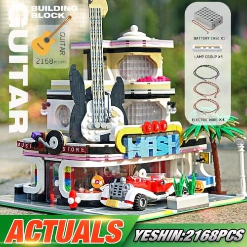MOULD KING 16002 Streetview Toys The MOC Guitar Shop With Led Light Set Assembly Building Blocks Bricks Kids Christmas Gifts
