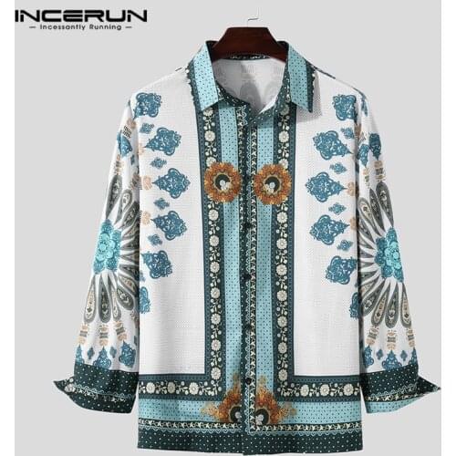 Men Shirt Printing Long Sleeve Streetwear Button Turn Down Collar Ethnic Style Casual Tops 2021 Camisa Masculina S-5XL INCERUN
