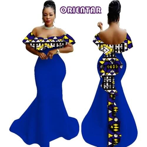 African Wax Print Ruffles Long Dresses Women Party Dress Vestidos Bazin Riche Off Shoulder African Dress for Women WY2919