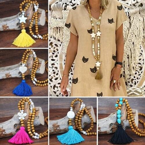 Bohemian Style Tassel Necklace Ladies Long European American Ethnic Vintage Pendant Natural Wooden Beads Sweater Chain 2020 New
