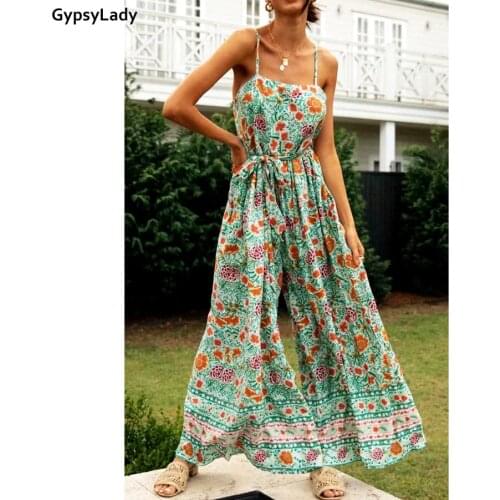 GypsyLady Vintage Floral Boho Playsuits Summer Strappy Backless Sexy Women Casual Playsuits Belted Ladies Jumpsuits Overall 2021