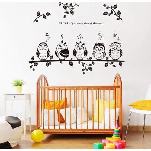 Funny Cute 5 owls on the tree wall stickers animals butterfly wall murals for kids room nursery wall decals for children room