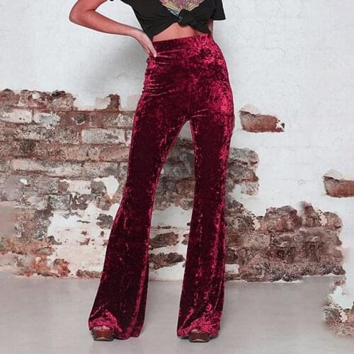 Women Pant High Waist Elastic Crushed Velvet Flare Pant Ladies Casual Bell Bottoms New Arrival Trousers WDC4134