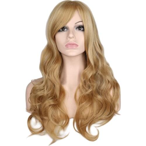 QQXCAIW Women Long Wavy Natrual Mixed Blonde Wig Black Red Heat Resistant Synthetic Hair Wigs