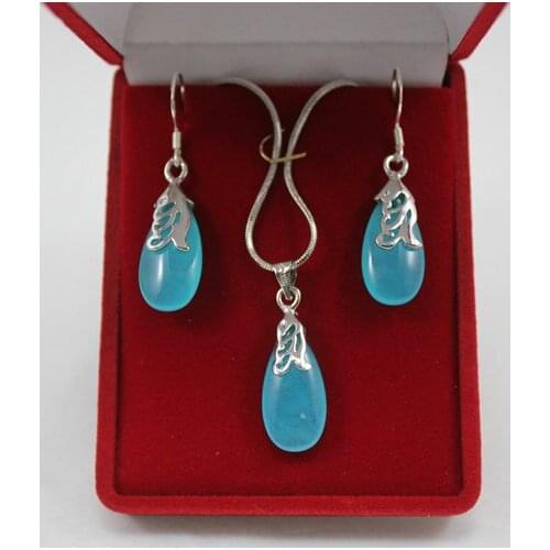 Ladys noble blue Natural jade waterdrop pendant & earrings jewelry set for anniverary and party