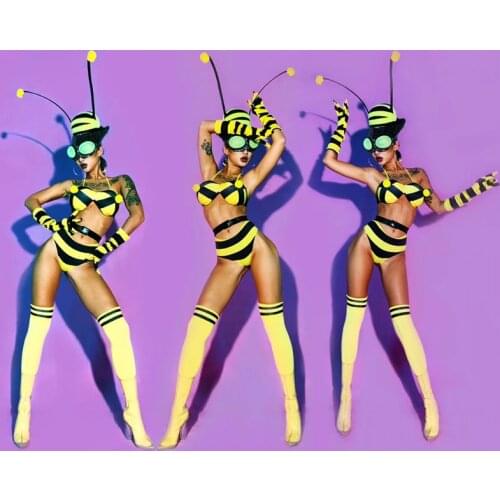 Female GOGO Dancer Cosplay BEE Costume Stripe Bikini Accessories Set Bar Pub Party Festival Clothing Rave Stage Dance Wear 2057