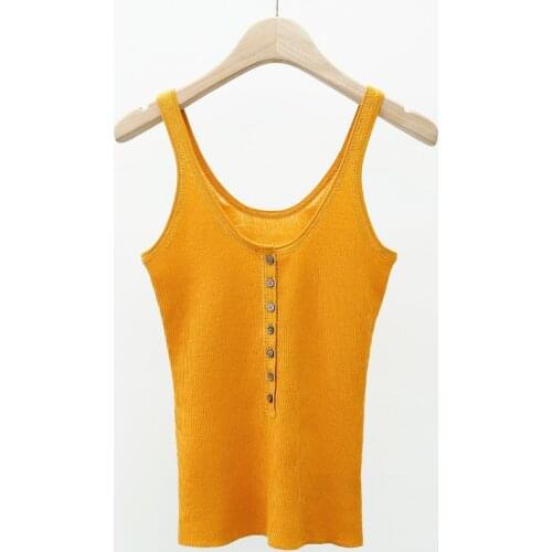 100% Wool Brand Fashion Women High-end Luxury Summer Elegant Button Knitted Camis Sleeveless Top