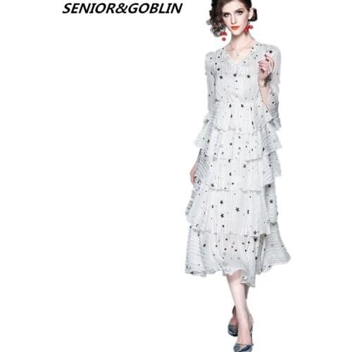 New 2019 Summer High Quality Women Print Chiffon Long Dress Sexy Flare Sleeve Party Dress Autumn Cascading Ruffle Dress Vestidos