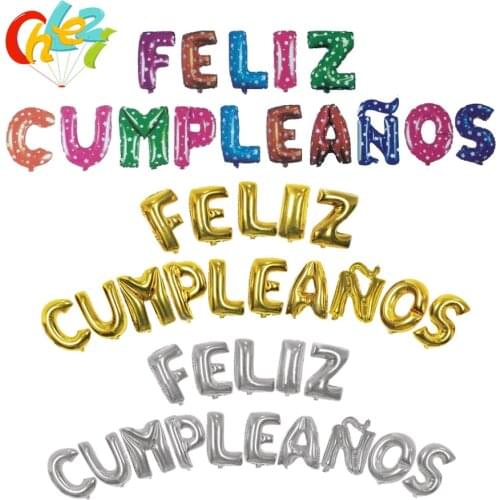 15pcs Feliz cumpleanos gold Silver Multicolor letter balloons Spanish Happy Birthday Party decoration balloons baby shower