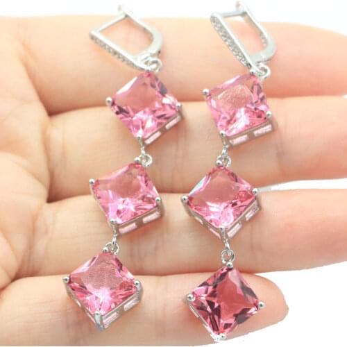43x18mm Elegant Water Drop Pink Morganite White CZ Ladies Daily Wear 925 Sterling Silver Earrings