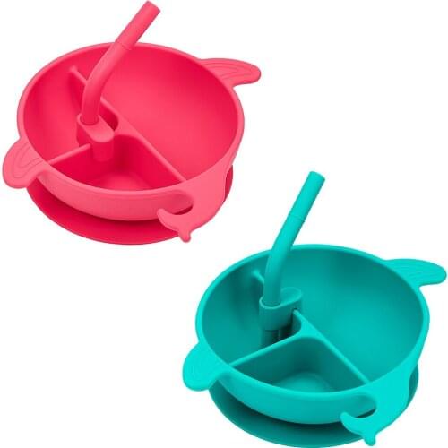 Childrens dishes Baby Bowl Suction Silicone Infant Bowl 3 Grids Animal Shape Children Plate with Straw