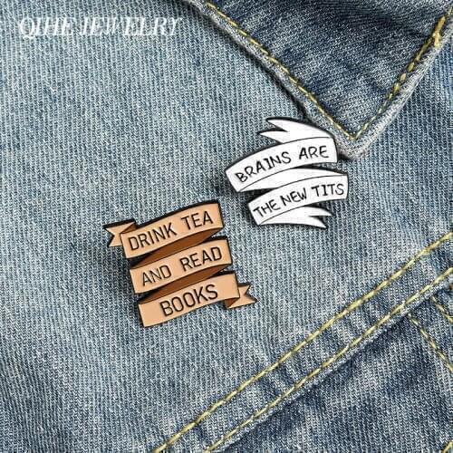 QIHE Jewelry Drink Tea & Read Books Enamel Pins Funny Banners Slogan Brooches Badges Fashion Pin Gifts for Friends Wholesale