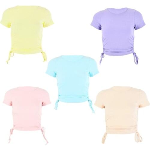 Women Short Sleeve Side Drawstring Slim T-Shirt Ribbed Knit Solid Color Crop Top A0NF